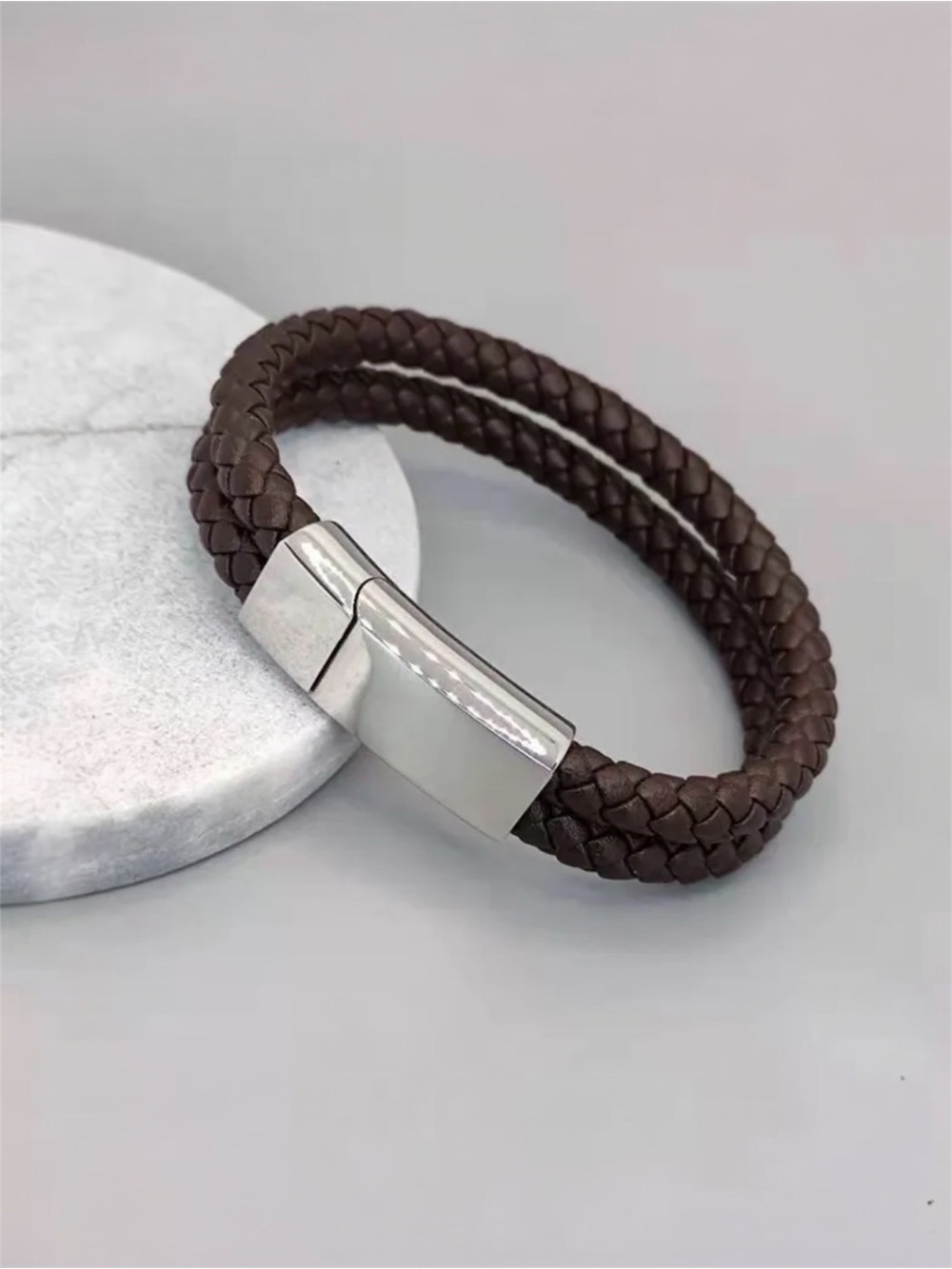 Men's Braided Leather Double Strand Bracelet with Stainless Clasp NWT